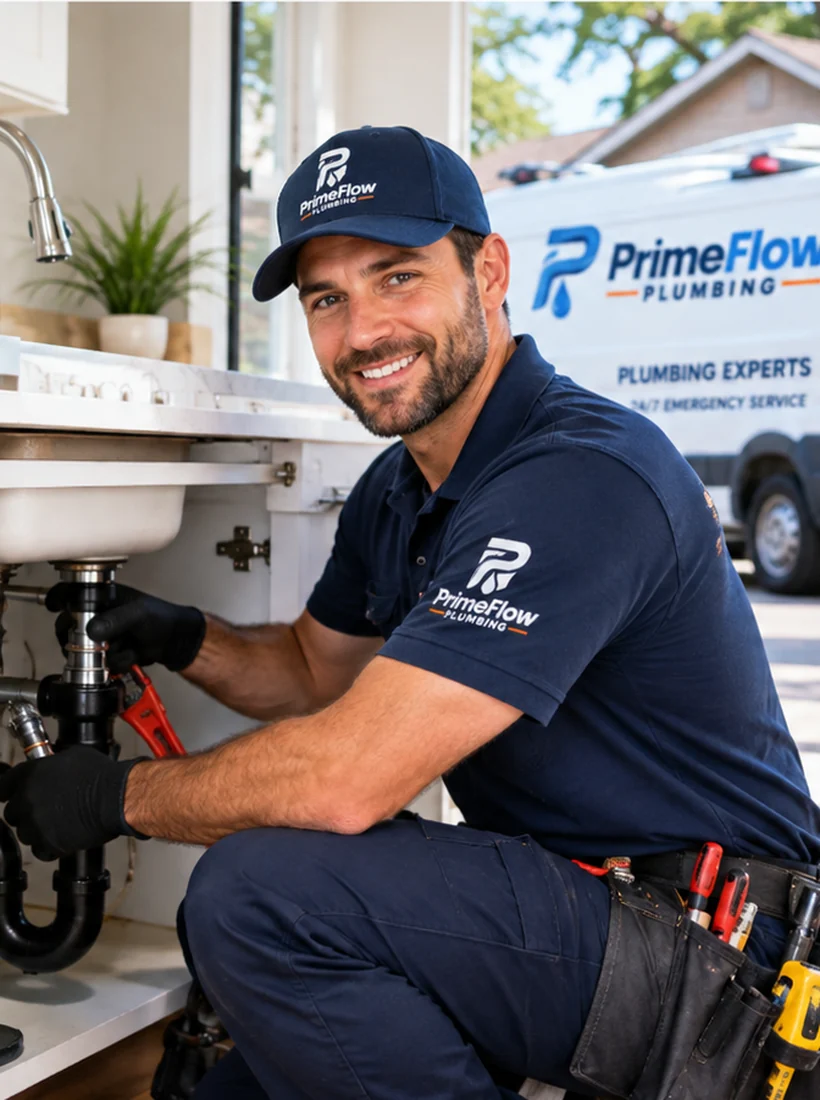 PrimeFlow local plumber working in a home with a service van nearby